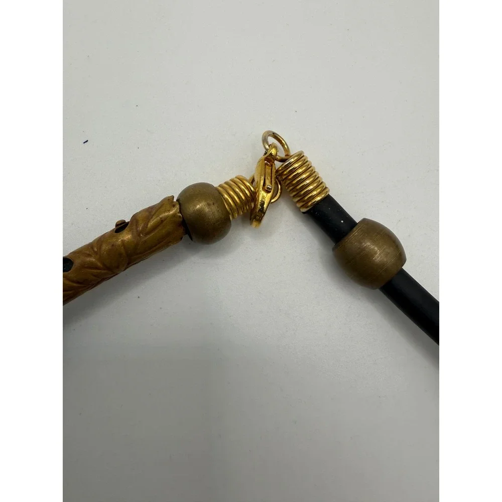 Vintage Gold‎ Tone Leaf Filigree Black Cord Choker Necklace Knurled Bead Accents